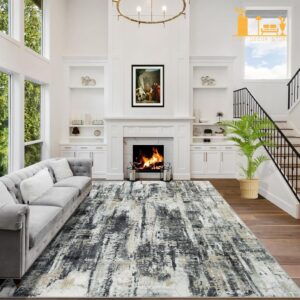 8×10 Washable Area Rug – Large Modern Abstract Rug for Living Room, Soft Non-Slip Thin Carpet for Indoor Spaces, Bedroom, Dining Room, Nursery, Farmhouse, or Office in Black, Grey, and Gold