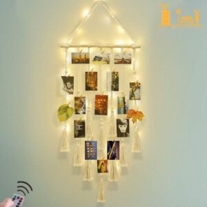 Boho Macrame Hanging Photo Display with Lights, Wall Decor for Bedrooms, Picture Collage Frame with 30 Clips – Perfect Christmas Gift for Teen Girls Ages 10-14