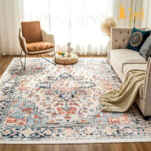 “VK·LIVING 5’x7′ Machine Washable Vintage Area Rug – Non-Slip, Stain-Resistant Boho Rug for Living Room, Bedroom, Office – Blue & Orange Home Decor Carpet